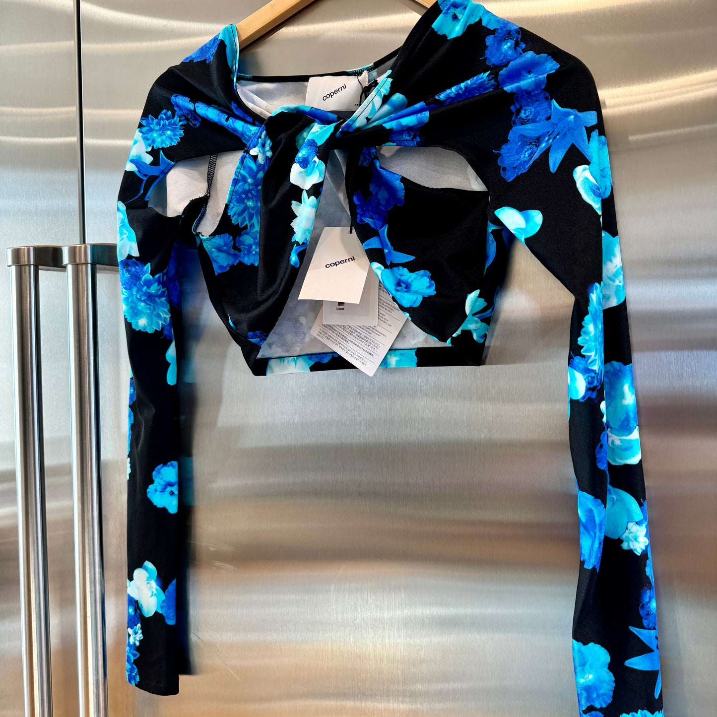 Coperni Twist Cutout Cropped Draped Top Long Sleeve Crop in Black / Blue Flowers