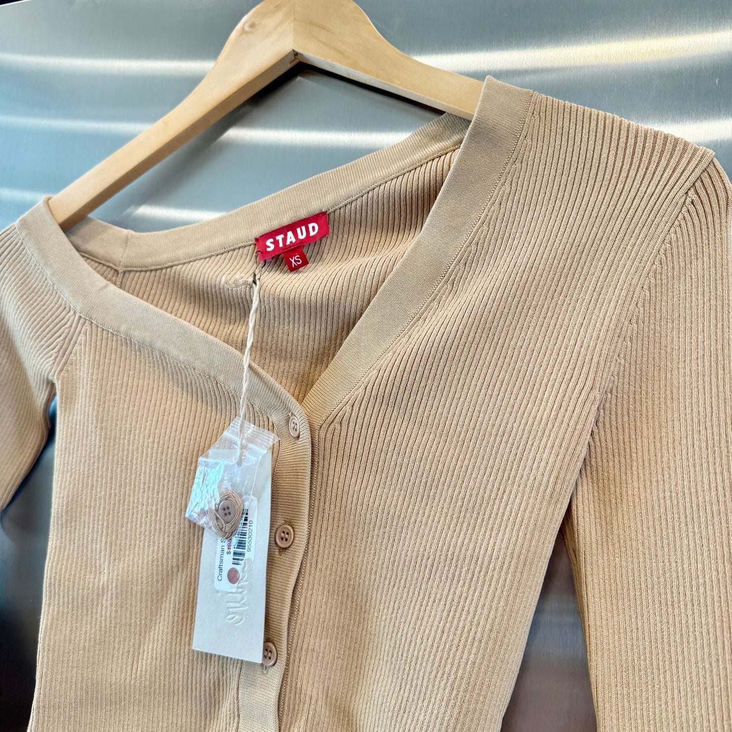 Staud Craftsman Sweater Camel Tan Beige Off Shoulder