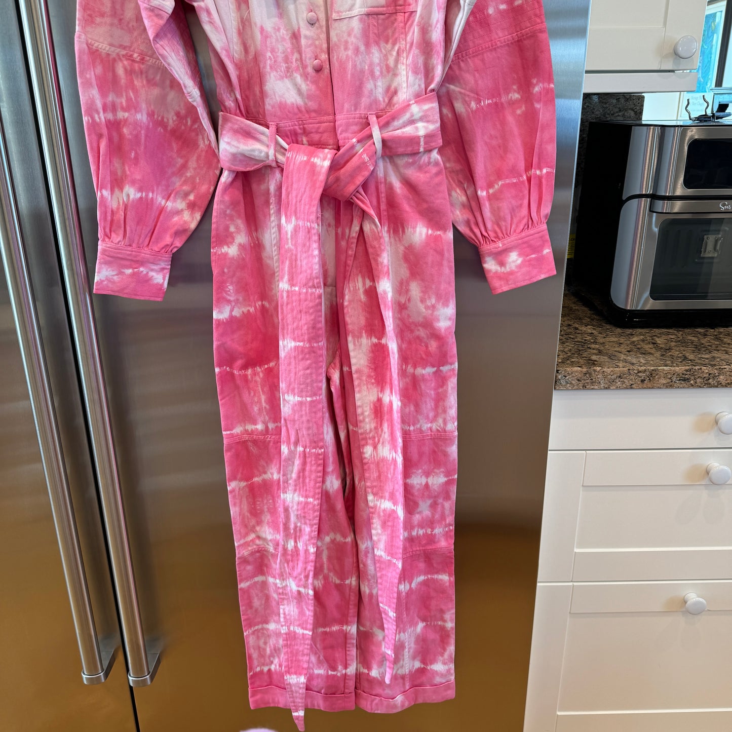 LoveShackFancy Paca Jumpsuit in Hibiscus Hand Dyed Pink white Tie-dye