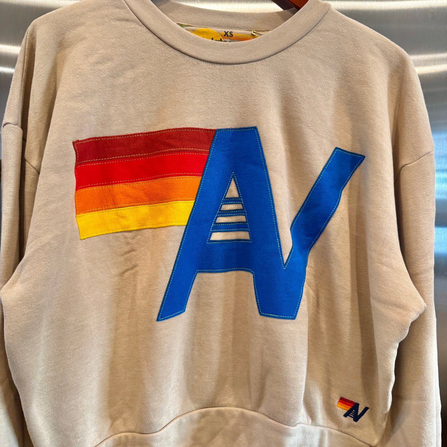 Aviator Nation Beige Crewneck Sweatshirt Embroidered Stitched Logo
