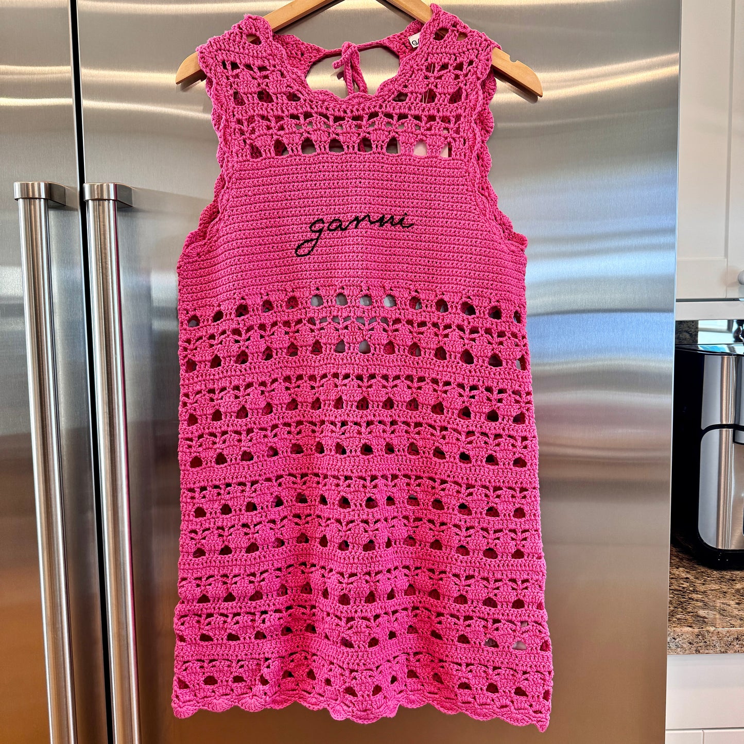 Ganni Pink Crochet Knit Coverup Mini Dress in Shocking Pink Embroidered Logo