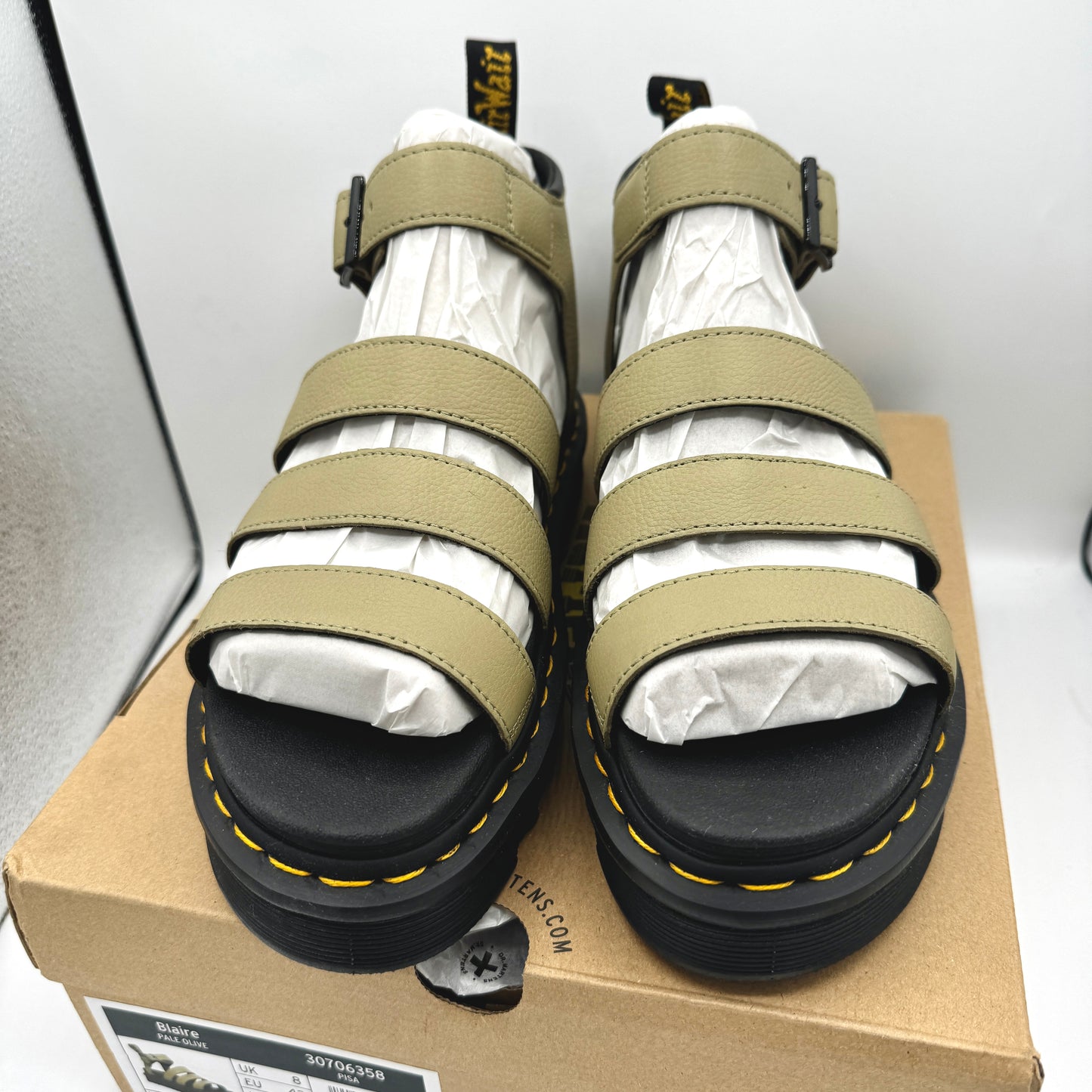 Dr. Martens Blaire Hydro Leather Platform Strappy Sandals in Pisa Pale Olive