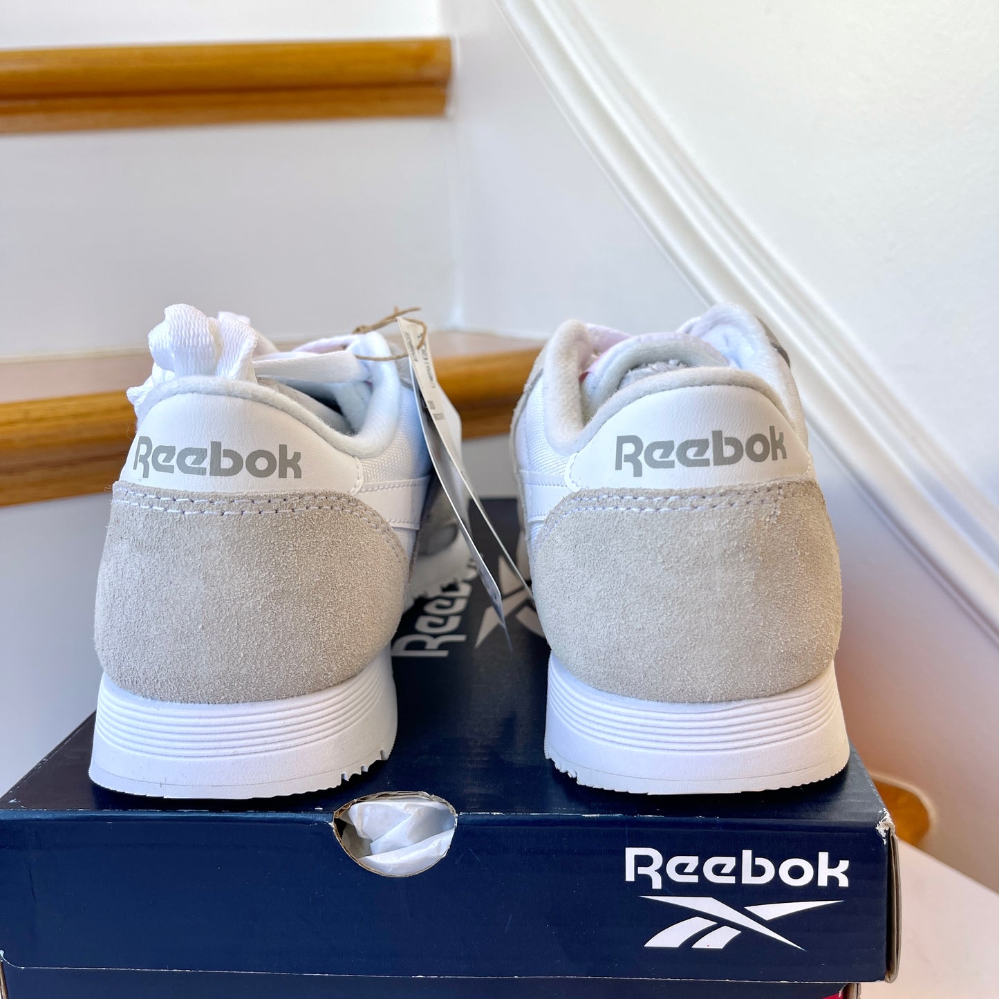 Reebok CL Nylon White Womens Sneakers classic grey shoes