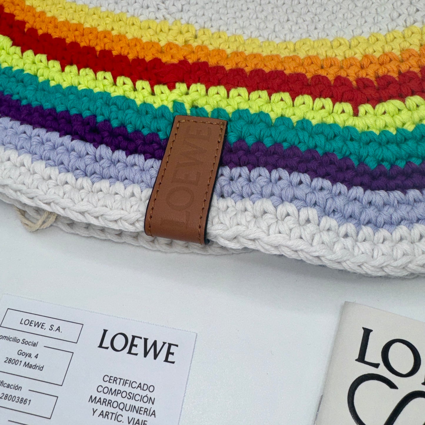 Loewe Hat Crochet Cotton Multicolor with embossed calfskin leather logo NEW