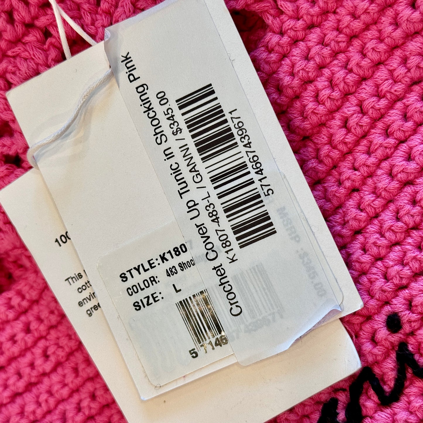 Ganni Pink Crochet Knit Coverup Mini Dress in Shocking Pink Embroidered Logo