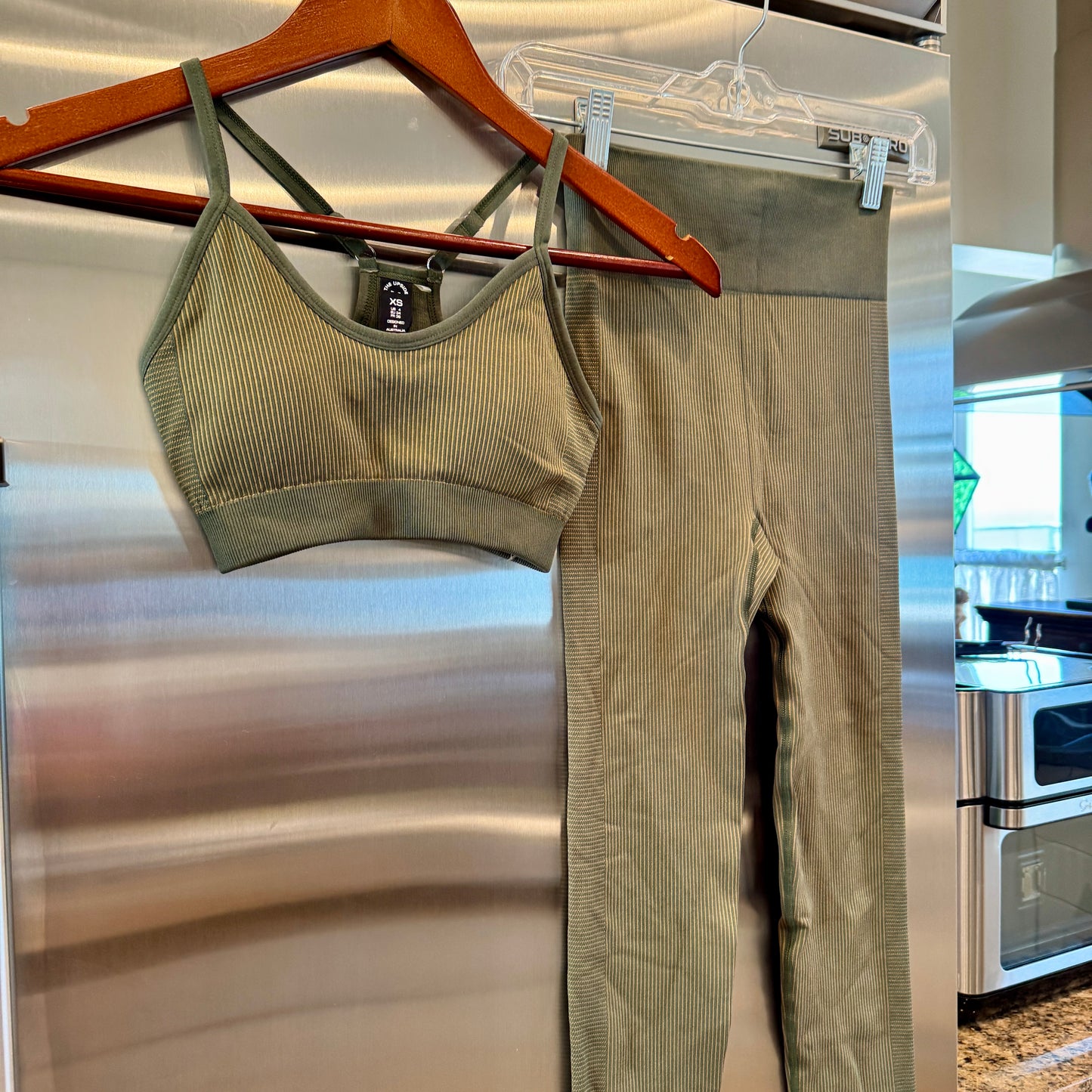 The Upside SET Seamless Ballet Bra and Ribbed Leggings in Khaki