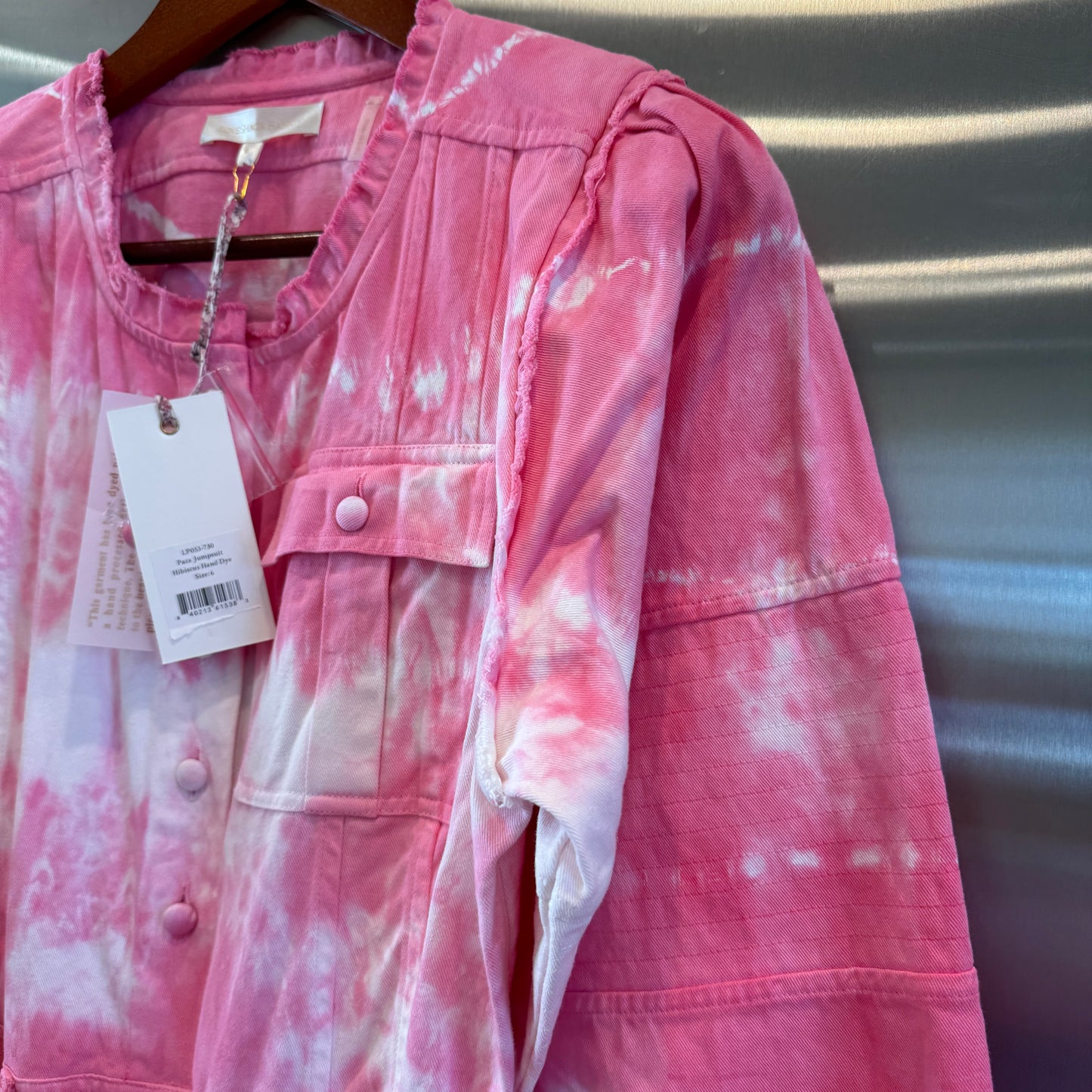LoveShackFancy Paca Jumpsuit in Hibiscus Hand Dyed Pink white Tie-dye
