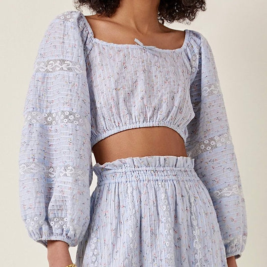 LoveShackFancy Albertina Cropped Top in Bella Blue Lace details brand new