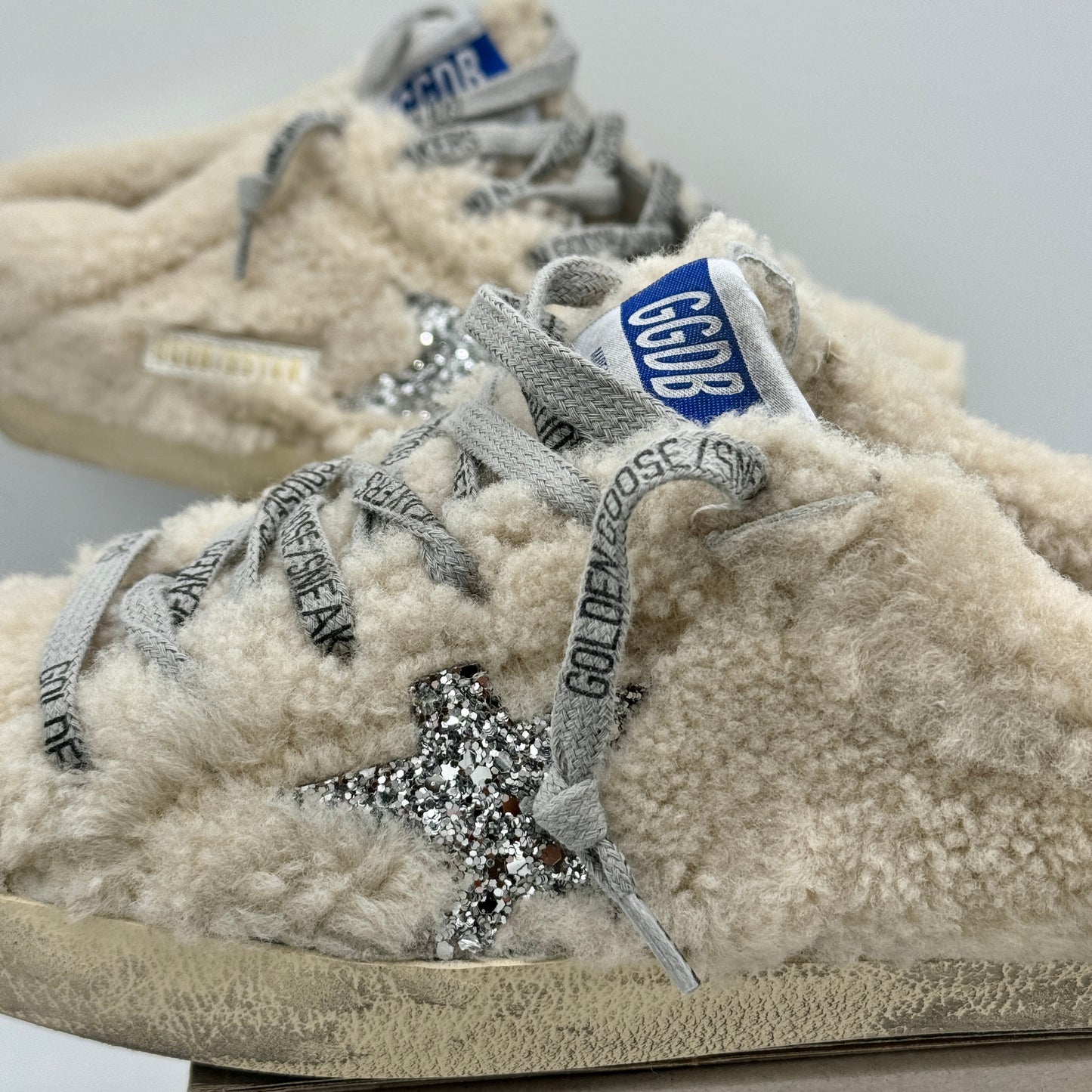 Golden Goose Superstar Sabot Shearling Glitter Sneaker Mule Natural / Silver