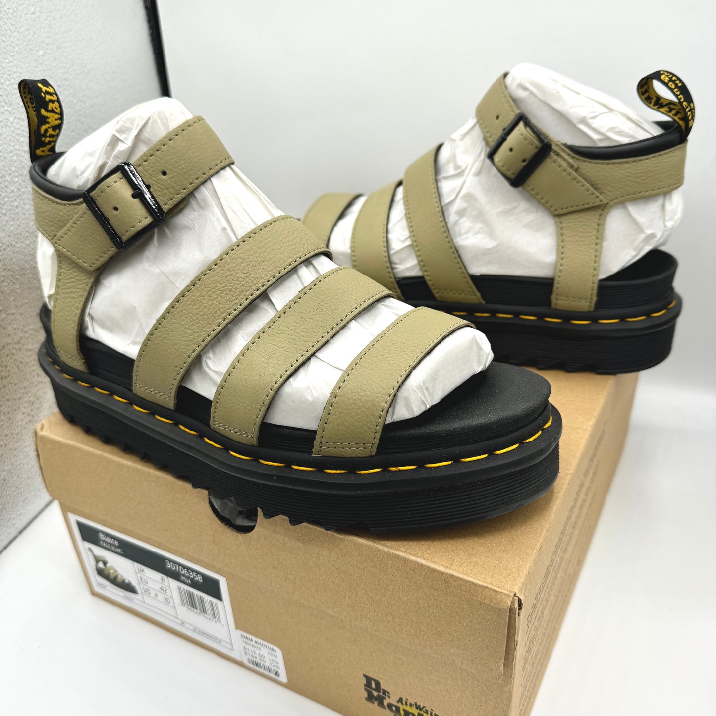 Dr. Martens Blaire Hydro Leather Platform Strappy Sandals in Pisa Pale Olive