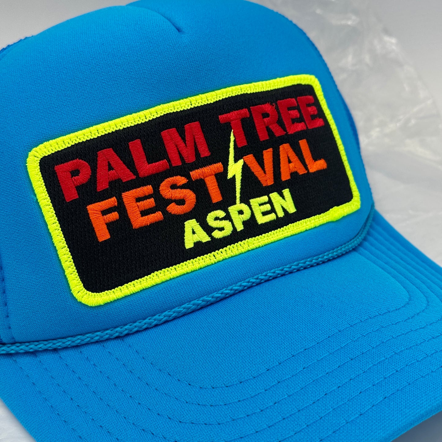 Aviator Nation Palm Tree Festival Aspen Trucker Hat in Neon Blue