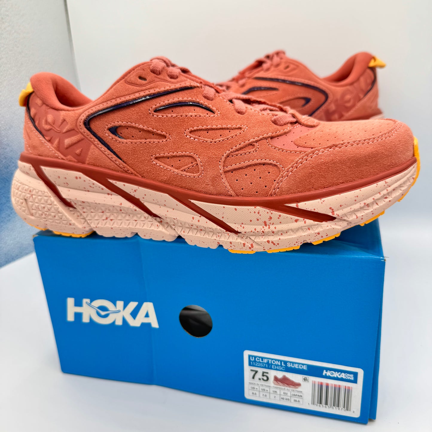 Hoka Clifton L Suede in Earthenware/ Hot Sauce Red Unisex Leather Sneakers