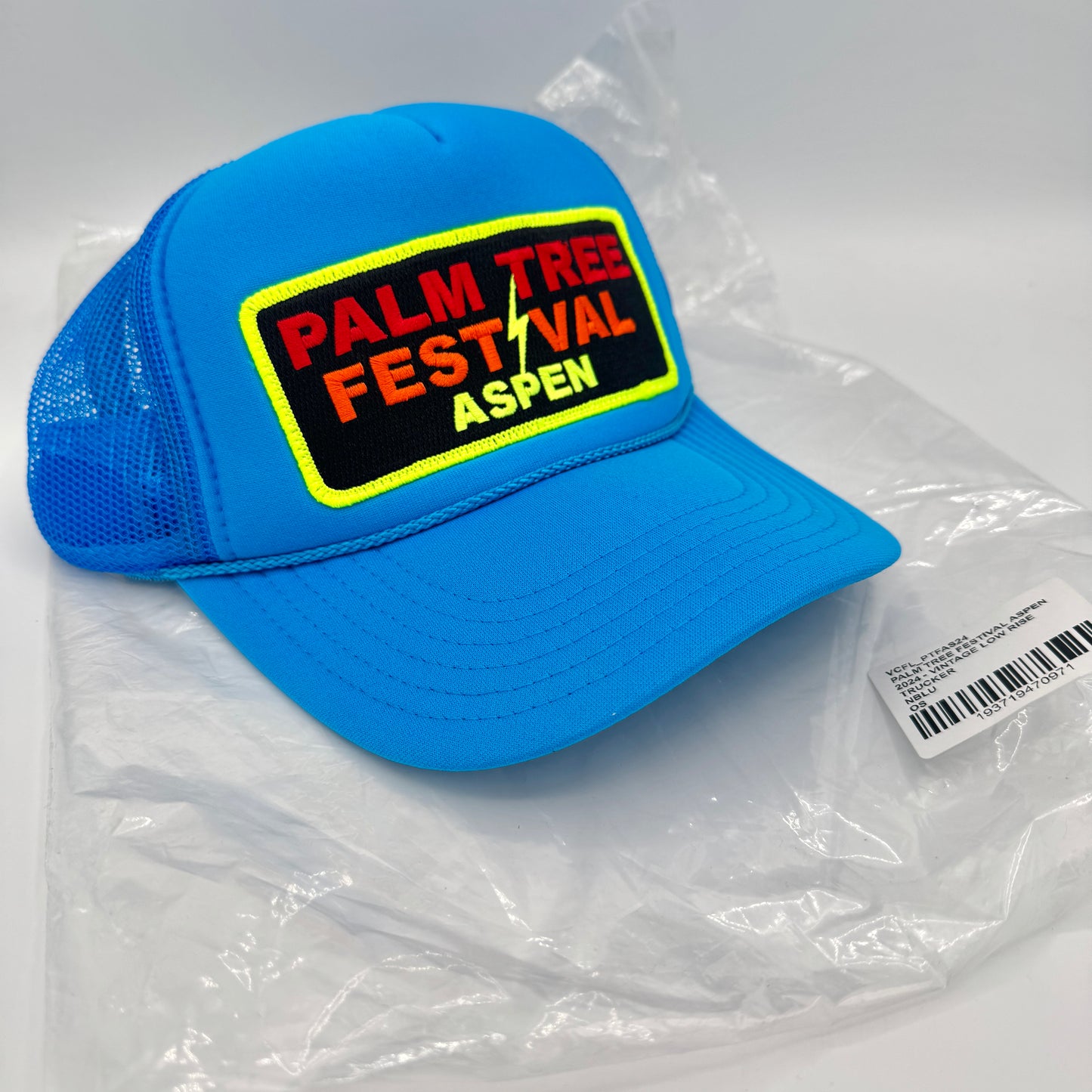 Aviator Nation Palm Tree Festival Aspen Trucker Hat in Neon Blue