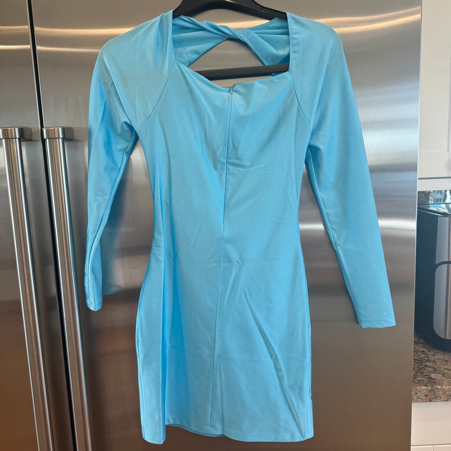 Coperni cutout mini dress jersey turquoise blue body con long sleeve