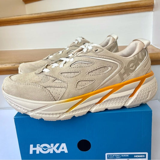 Hoka Clifton L Suede Unisex NEW Leather Athletic Shoes tan shortbread beige gold