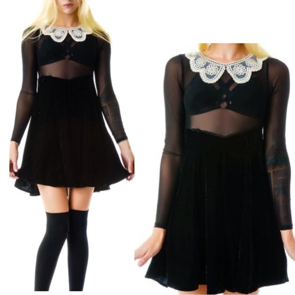 Unif Wednesday mini dress in black velvet with lace color and mesh top Pre-Owned