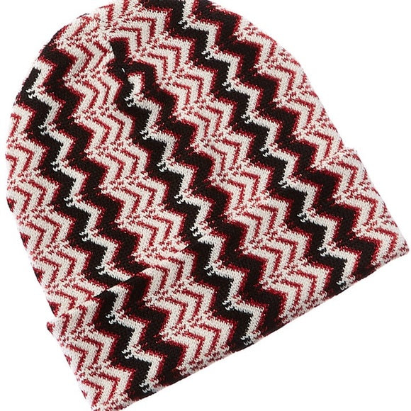 Missoni wool knit zigzag red white and black beanie wool made in Italy