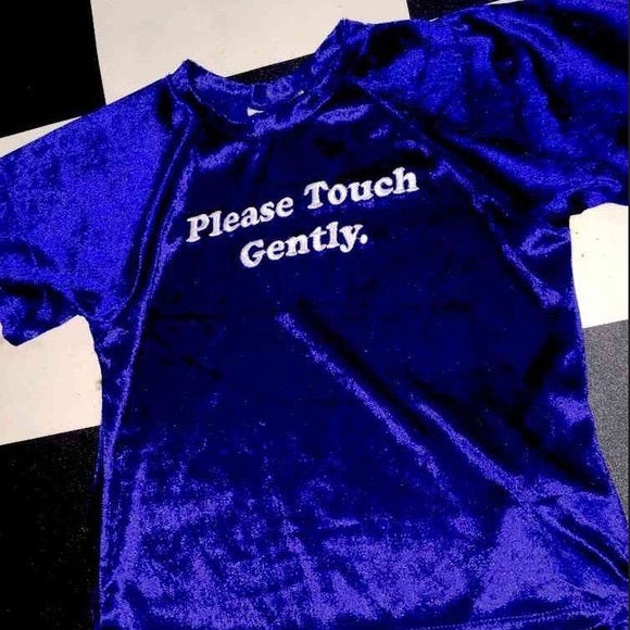 Omighty please touch gently velvet crop top in blue with embroidered text