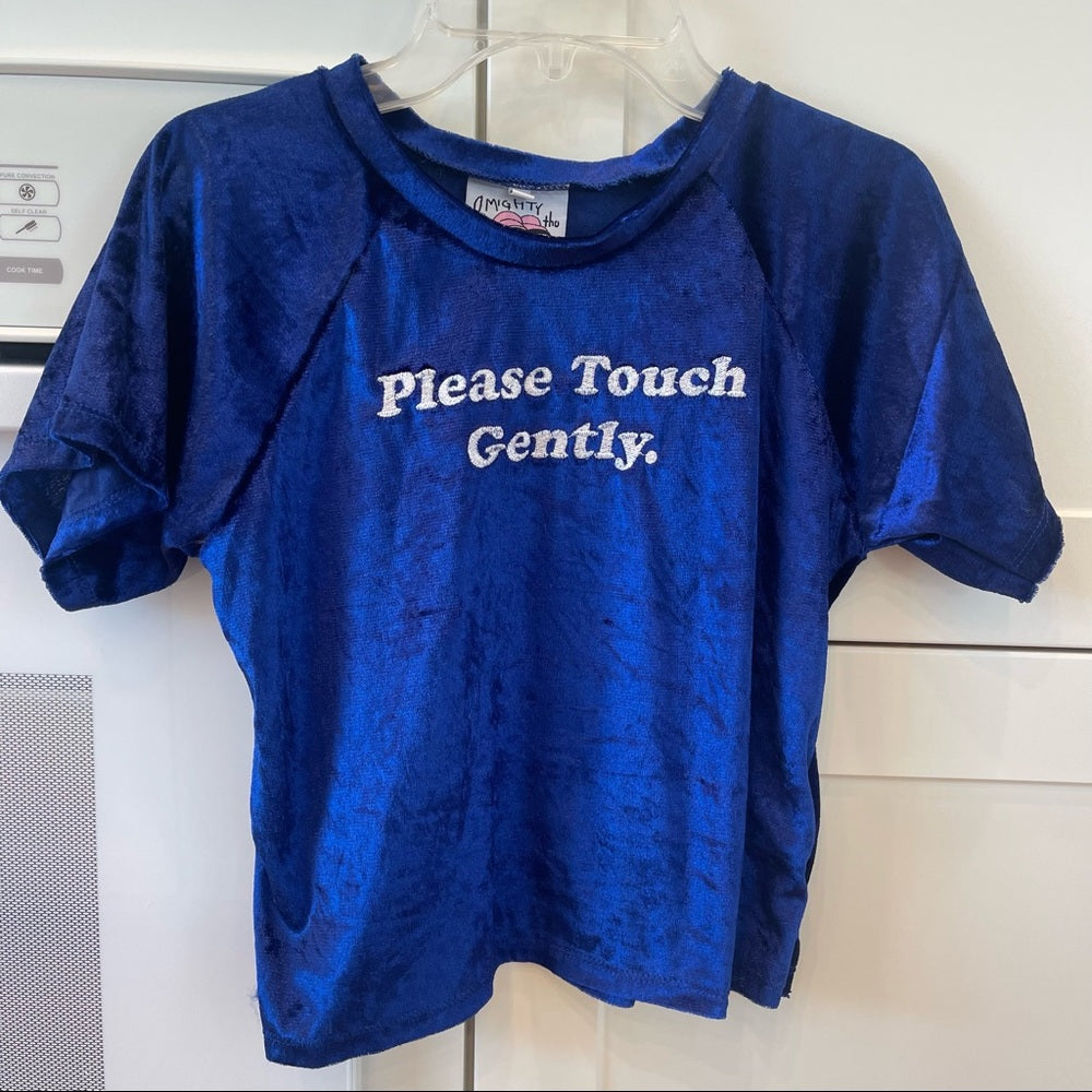 Omighty please touch gently velvet crop top in blue with embroidered text