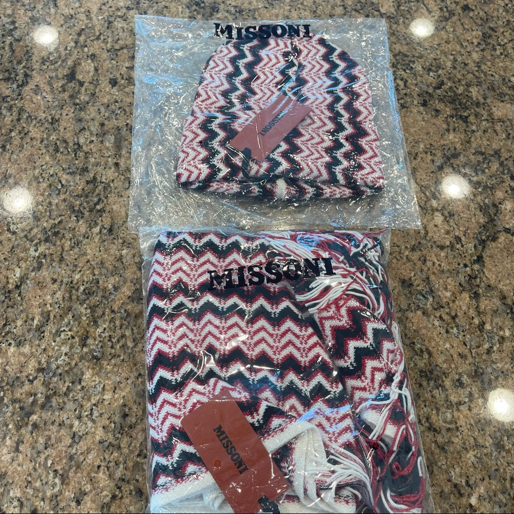 Missoni wool knit zigzag red white and black beanie wool made in Italy