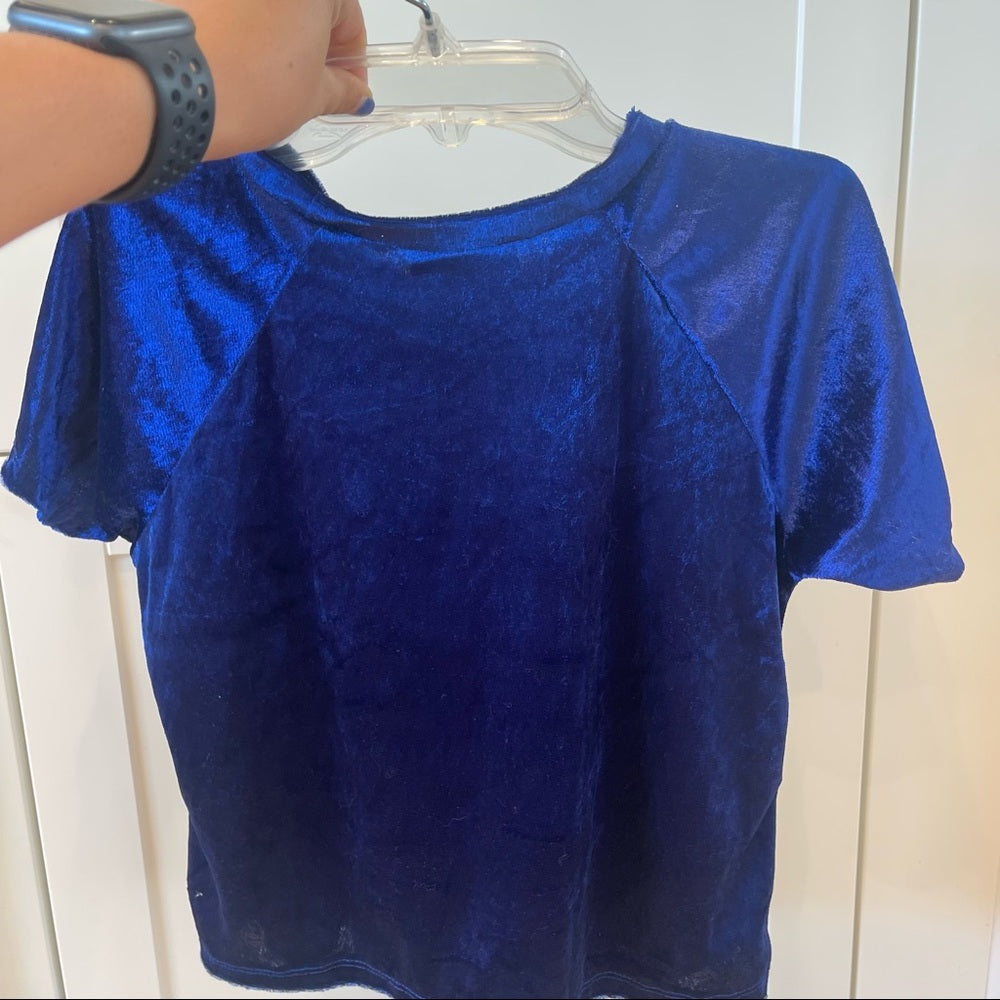 Omighty please touch gently velvet crop top in blue with embroidered text