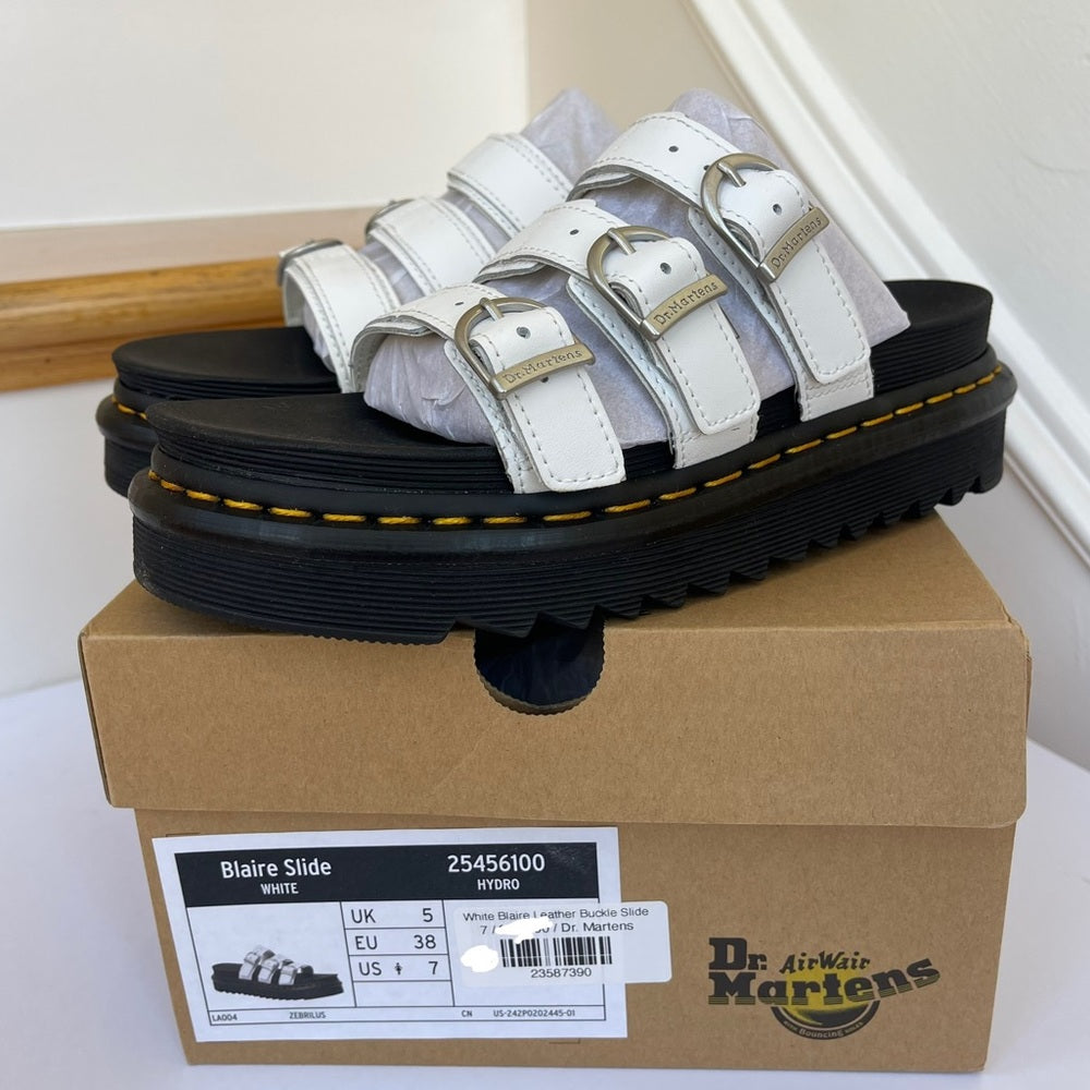 Dr. Martens Blaire Leather Slide Sandals White Womens Platform Buckles Shoes
