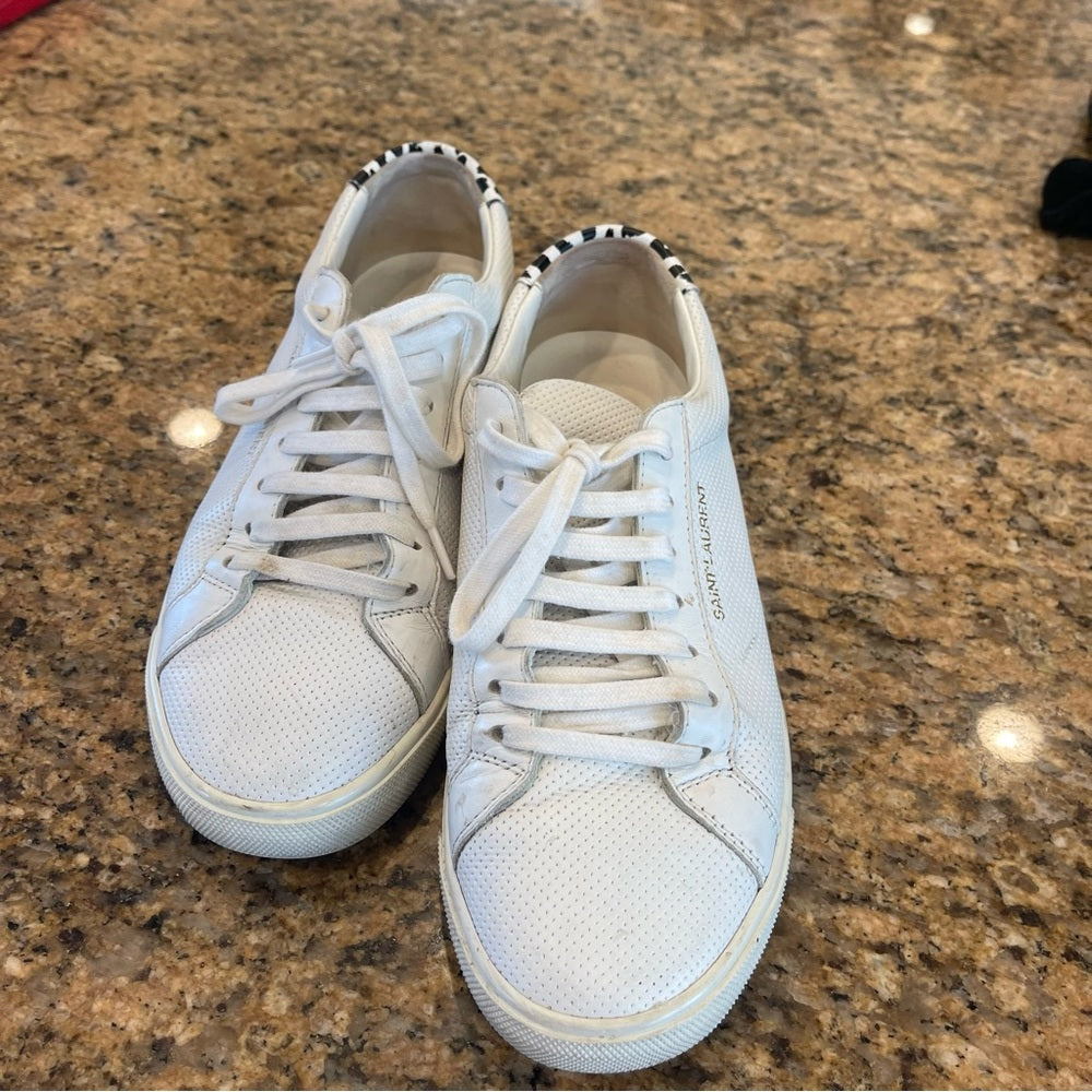 Saint Laurent Pre-Owned Perforated Andy leather sneakers in white with leopard trim