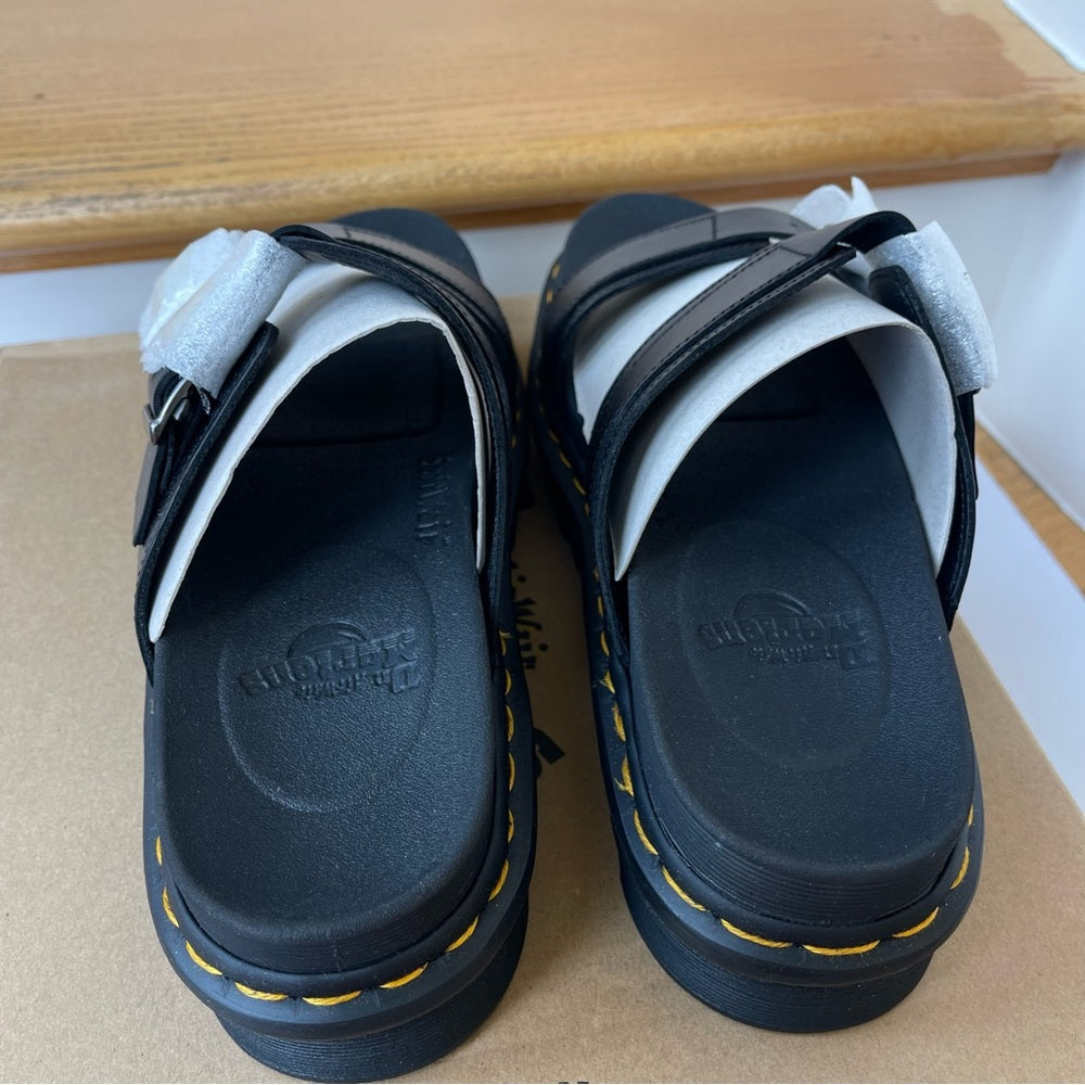 Dr. Martens Myles Brando Leather Slide Sandals in black buckles platforms