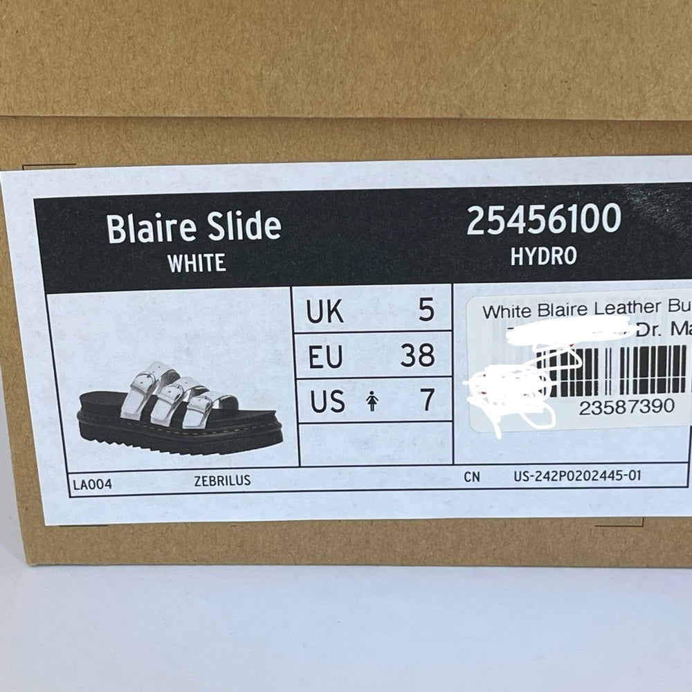 Dr. Martens Blaire Leather Slide Sandals White Womens Platform Buckles Shoes