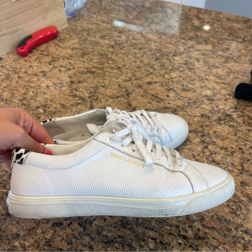 Saint Laurent Pre-Owned Perforated Andy leather sneakers in white with leopard trim