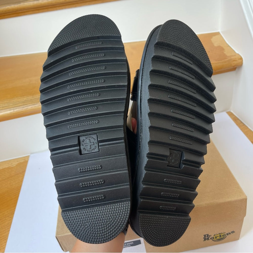 Dr. Martens Myles Brando Leather Slide Sandals in black buckles platforms