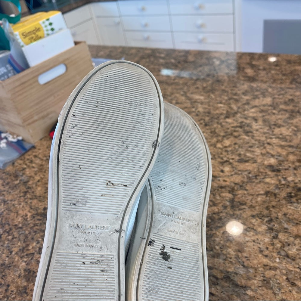 Saint Laurent Pre-Owned Perforated Andy leather sneakers in white with leopard trim