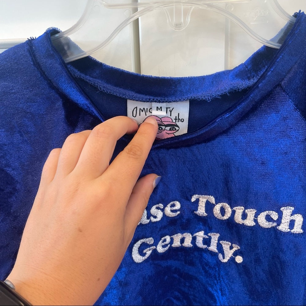 Omighty please touch gently velvet crop top in blue with embroidered text