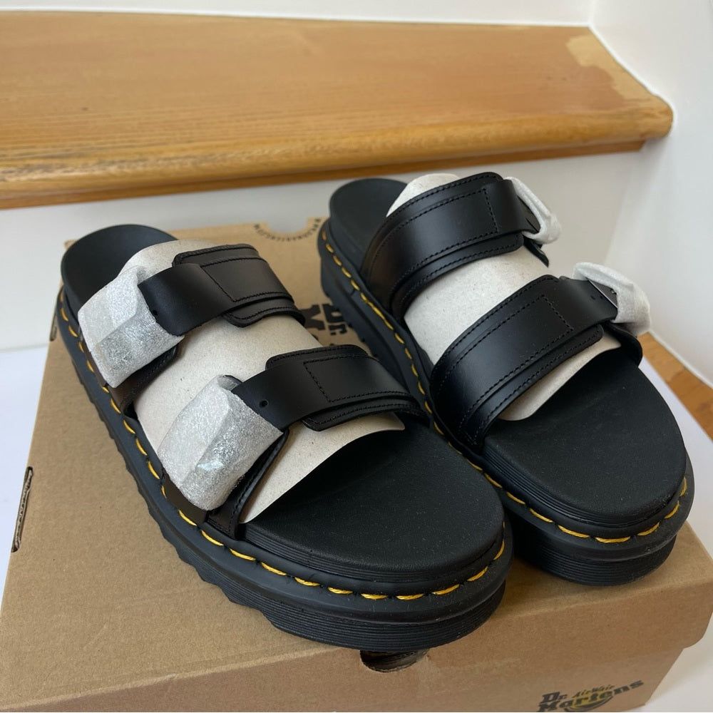Dr. Martens Myles Brando Leather Slide Sandals in black buckles platforms