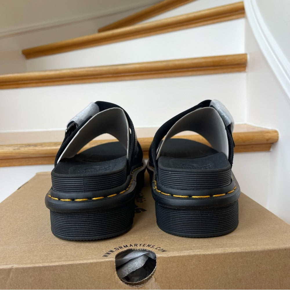 Dr. Martens Myles Brando Leather Slide Sandals in black buckles platforms