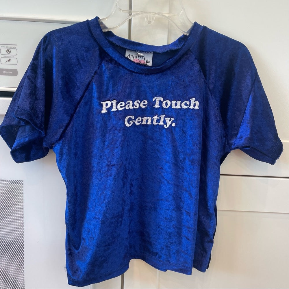 Omighty please touch gently velvet crop top in blue with embroidered text