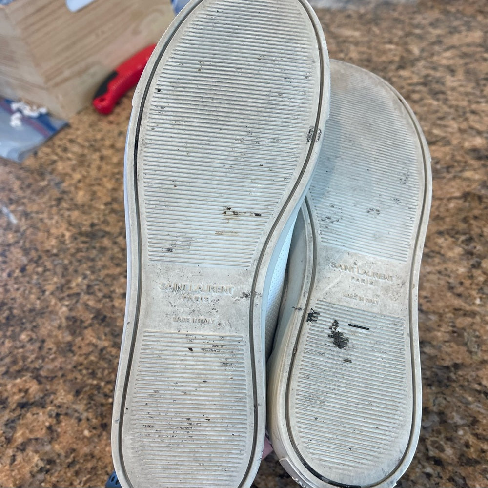 Saint Laurent Pre-Owned Perforated Andy leather sneakers in white with leopard trim