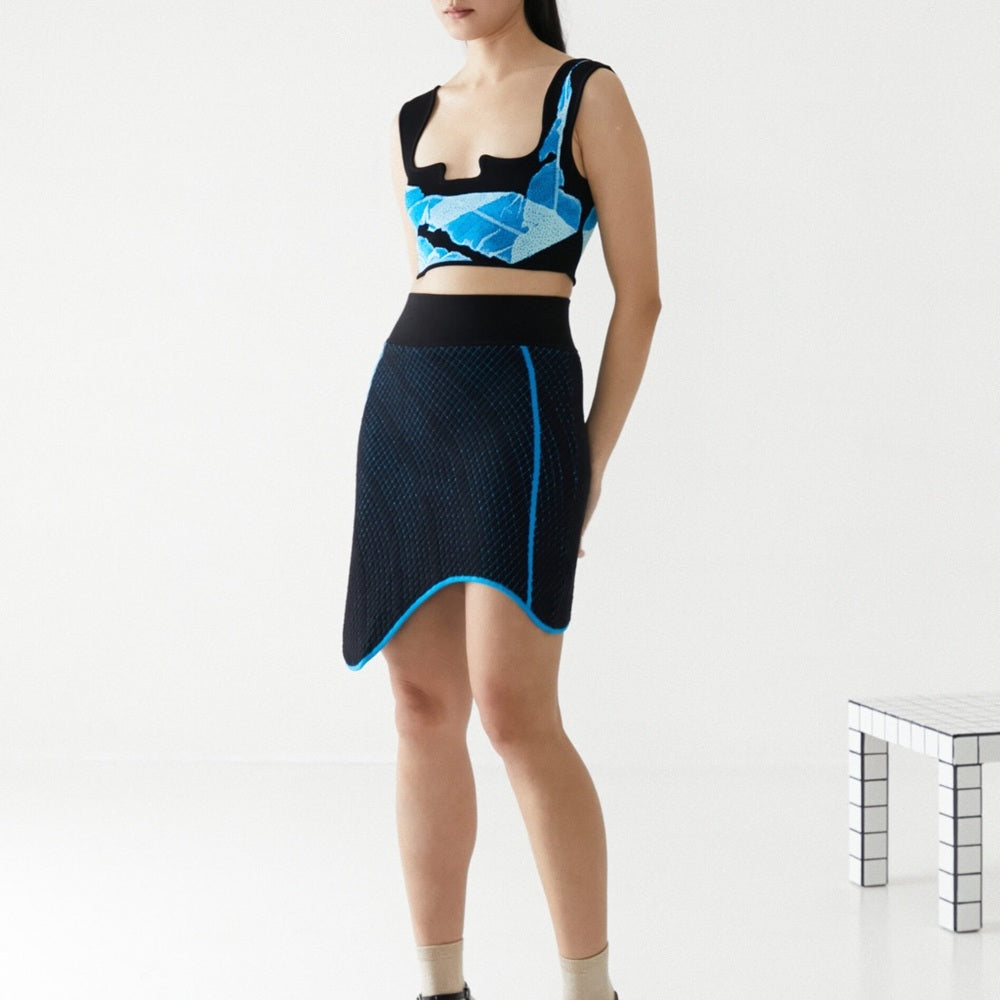 PH5 Wave Morose Wavy Mini Skirt - Black Rock with blue trim knit