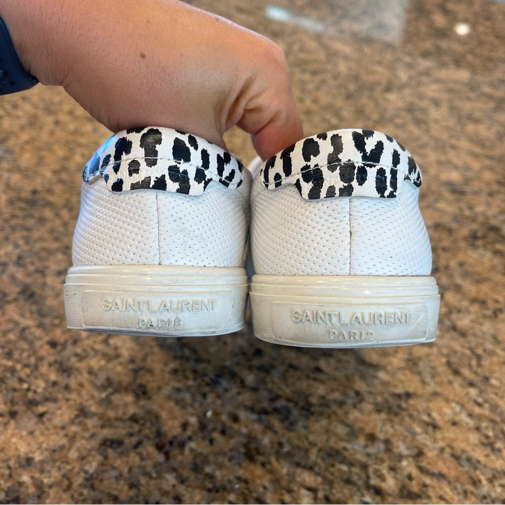 Saint Laurent Pre-Owned Perforated Andy leather sneakers in white with leopard trim