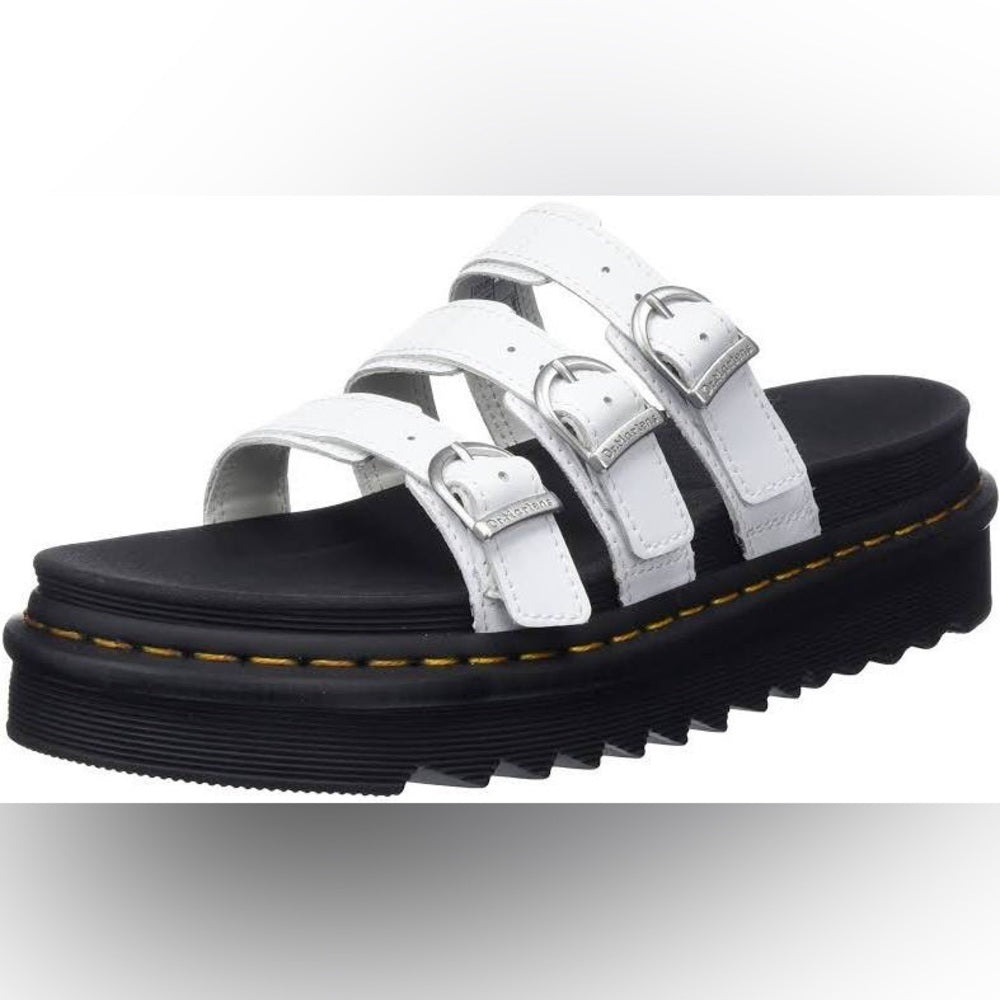 Dr. Martens Blaire Leather Slide Sandals White Womens Platform Buckles Shoes