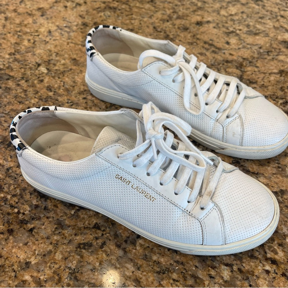 Saint Laurent Pre-Owned Perforated Andy leather sneakers in white with leopard trim