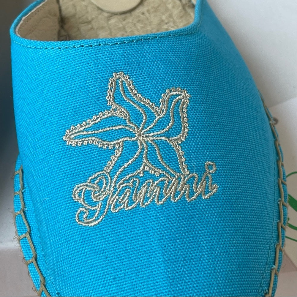 Ganni embroidered espadrilles canvas aqua blue Aquarius starfish slippers