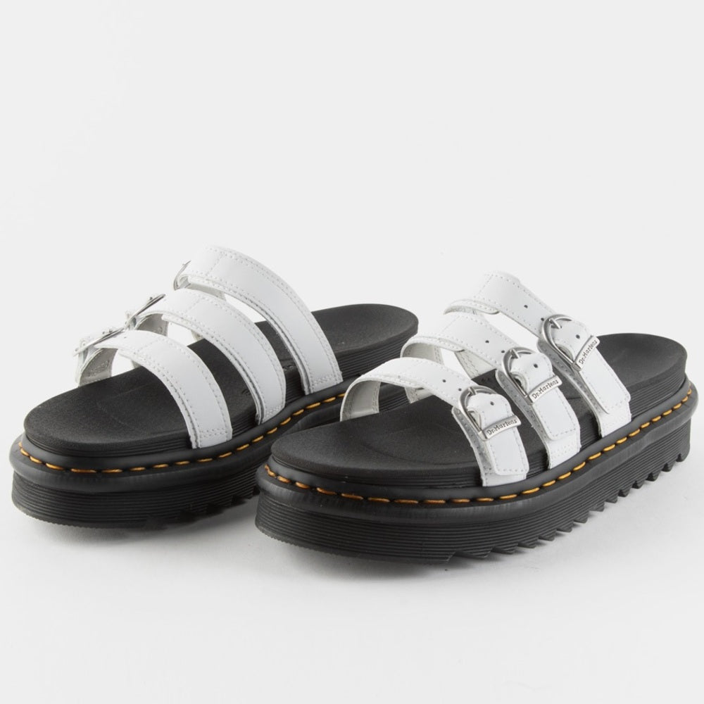 Dr. Martens Blaire Leather Slide Sandals White Womens Platform Buckles Shoes