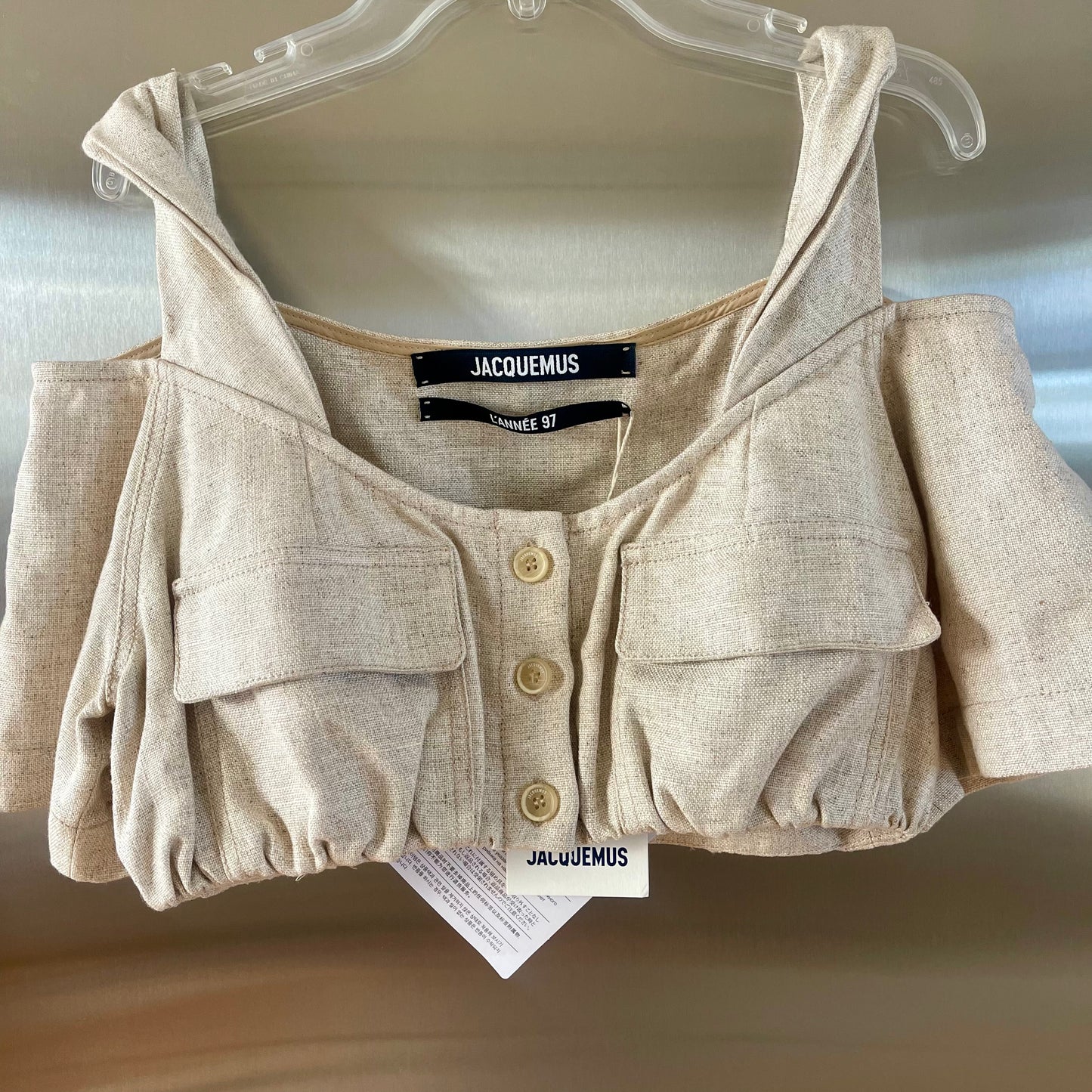 Jacquemus Le Haut Alzou Beige Linen Cropped Top Off shoulder pocket details