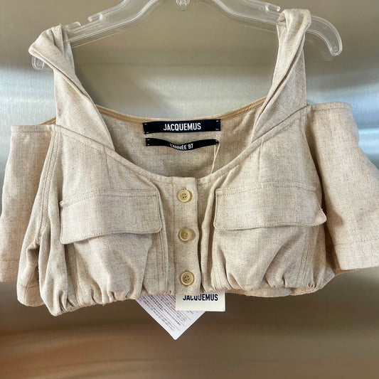 Jacquemus Le Haut Alzou Beige Linen Cropped Top Off shoulder pocket details