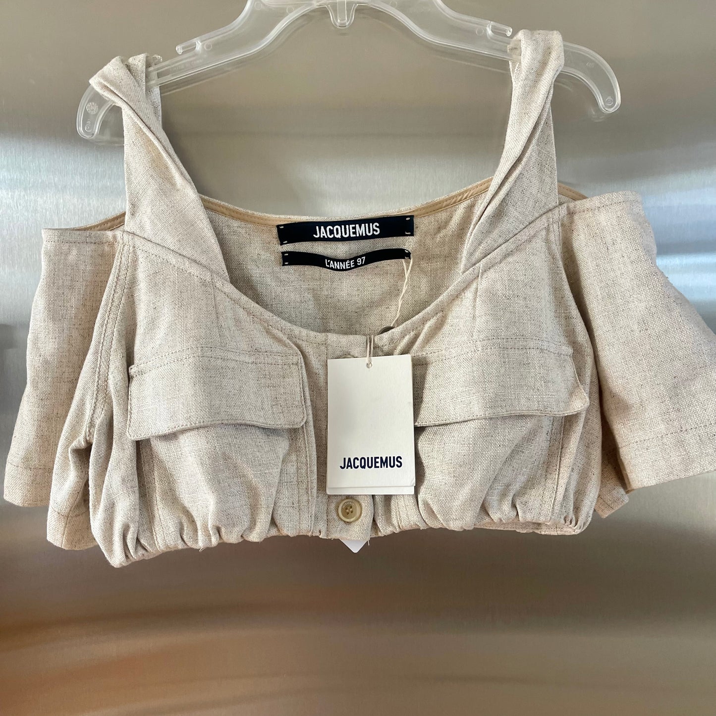 Jacquemus Le Haut Alzou Beige Linen Cropped Top Off shoulder pocket details