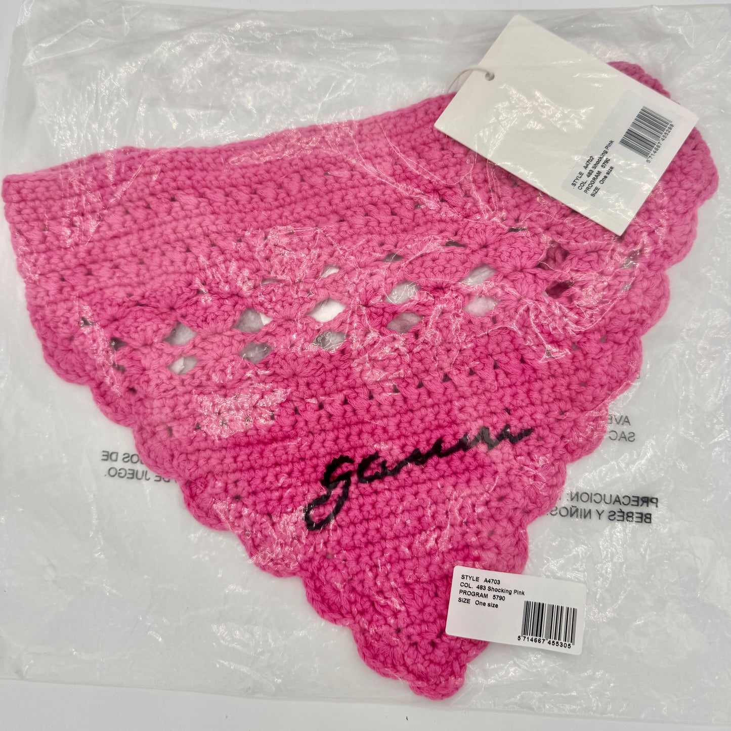 Ganni Pink Crochet Knit Bandana Shocking Pink Logo