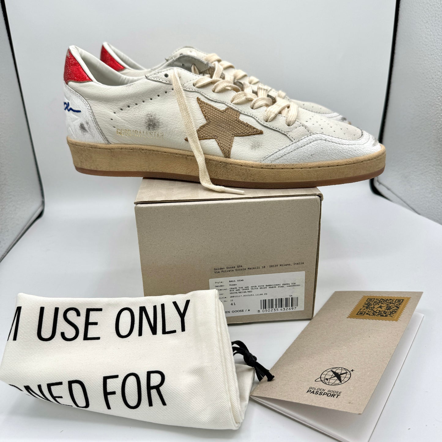 Golden Goose Ballstar Women’s sneakers white red beige leather distressed