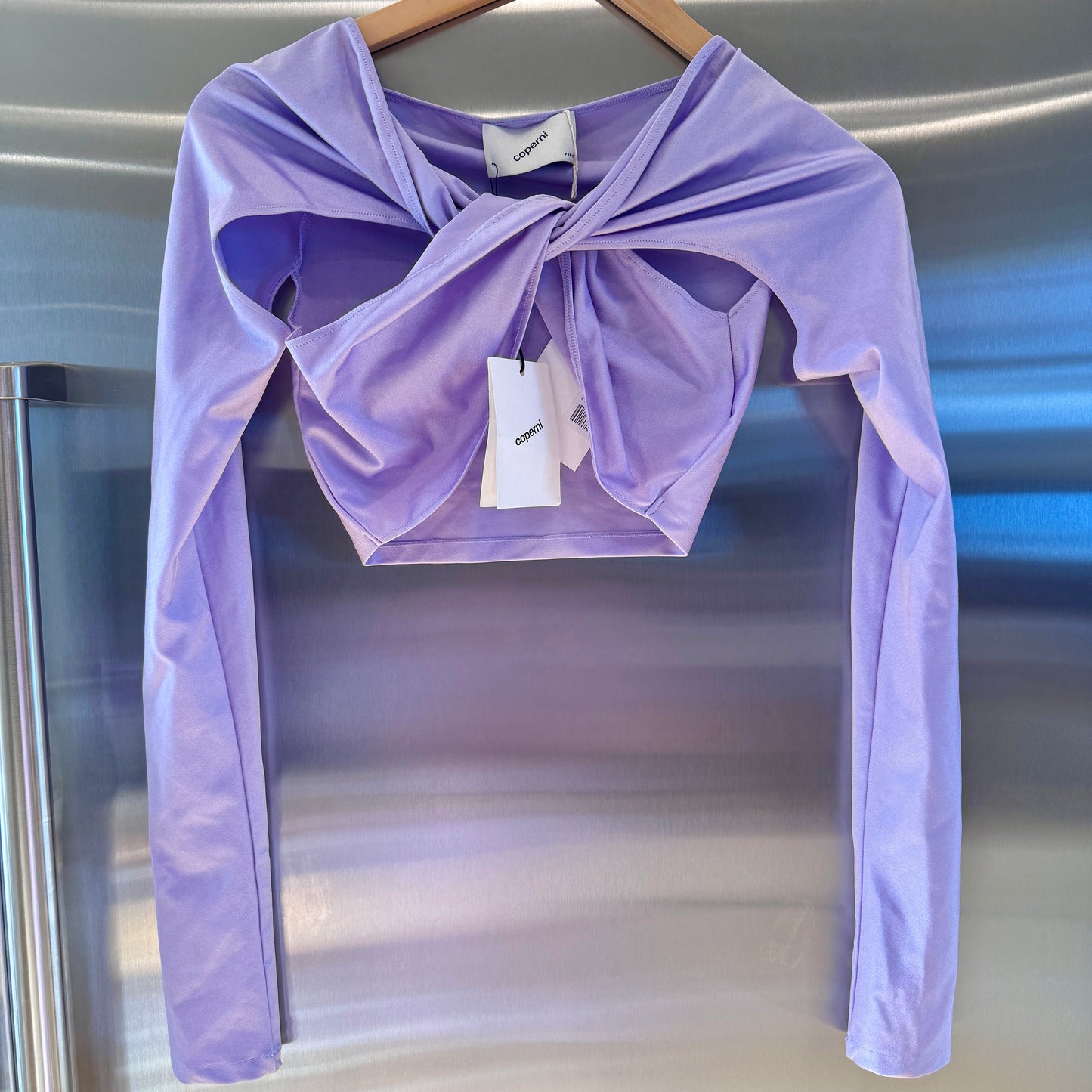 Coperni Lilac Light Purple Twist Cutout Cropped Draped Top Long Sleeve Crop