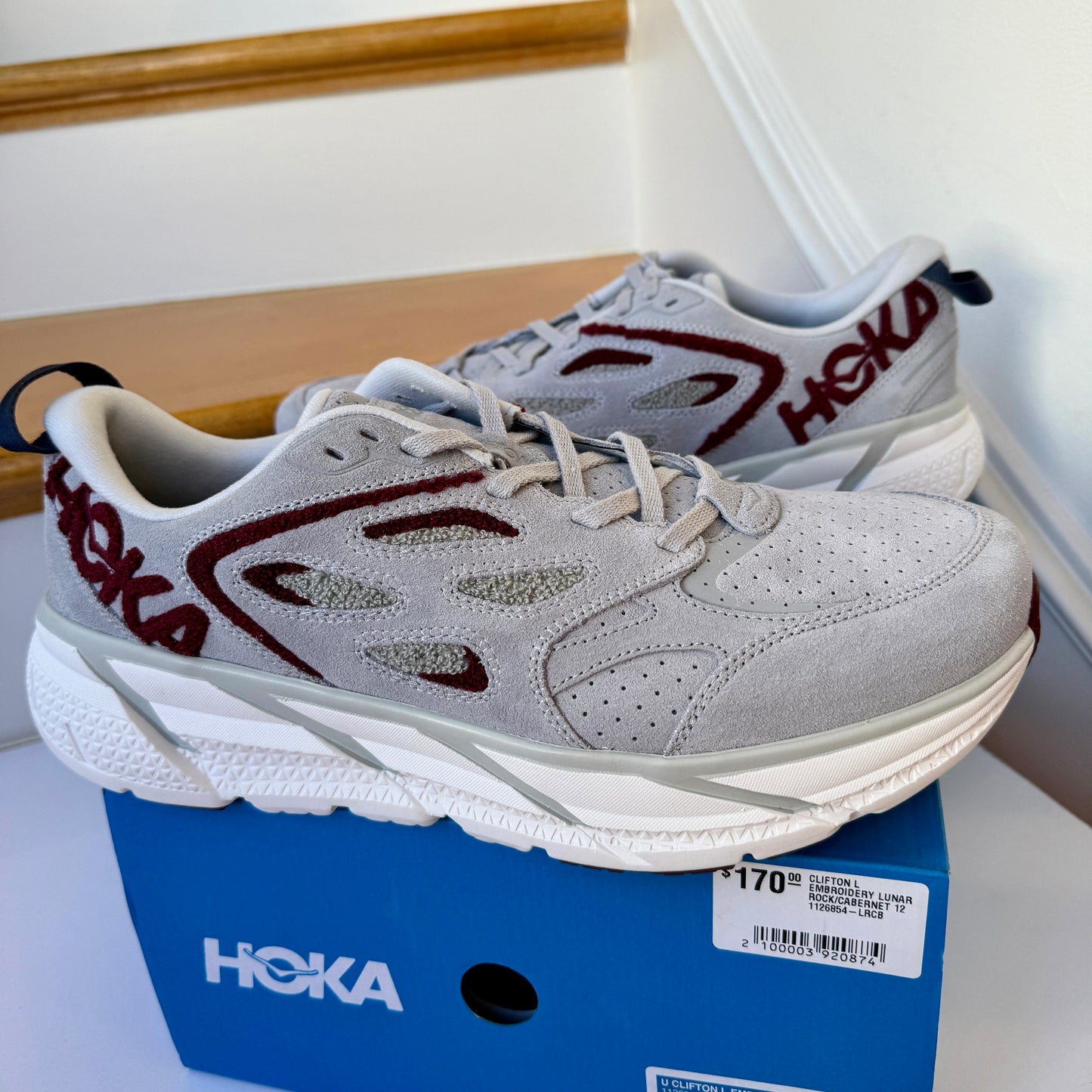 Hoka Clifton Suede Embroidery L Leather Unisex  Grey / Maroon Red Lunar rock Cabernet